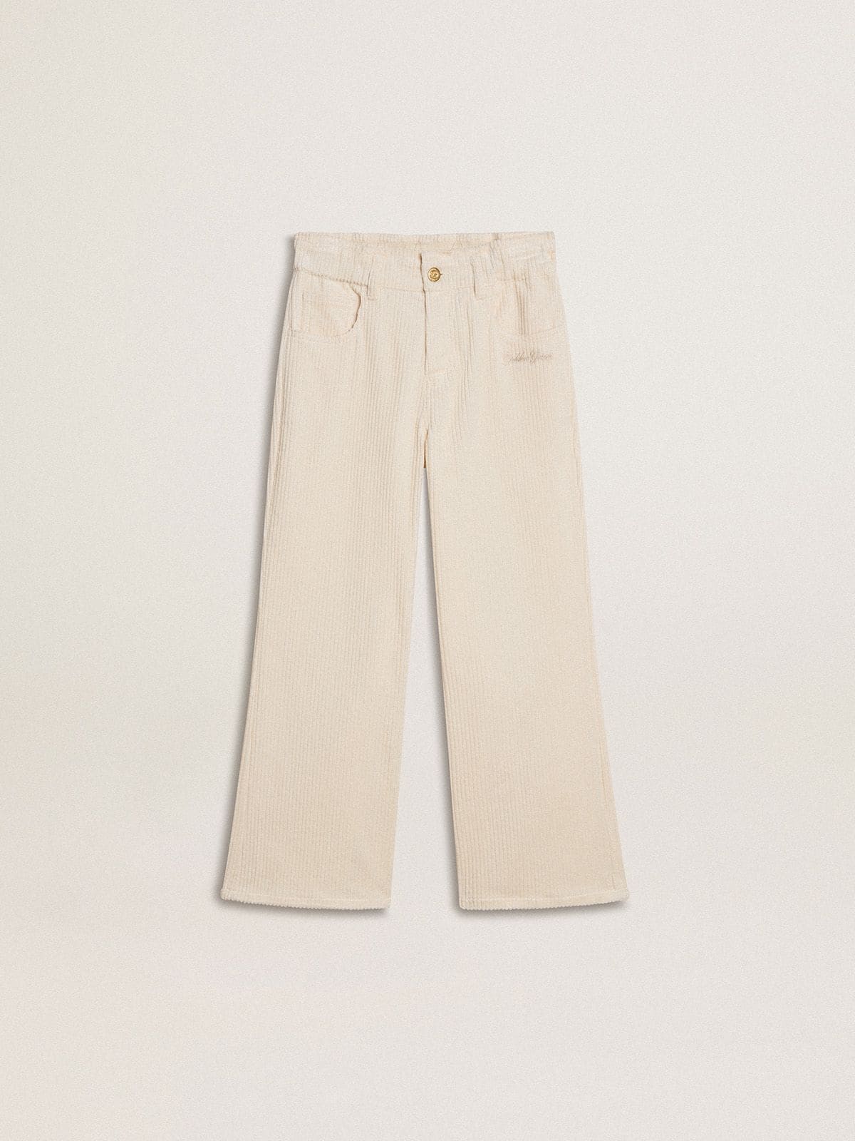 Girls’ wide ribbed cream-colored trousers with embroidery