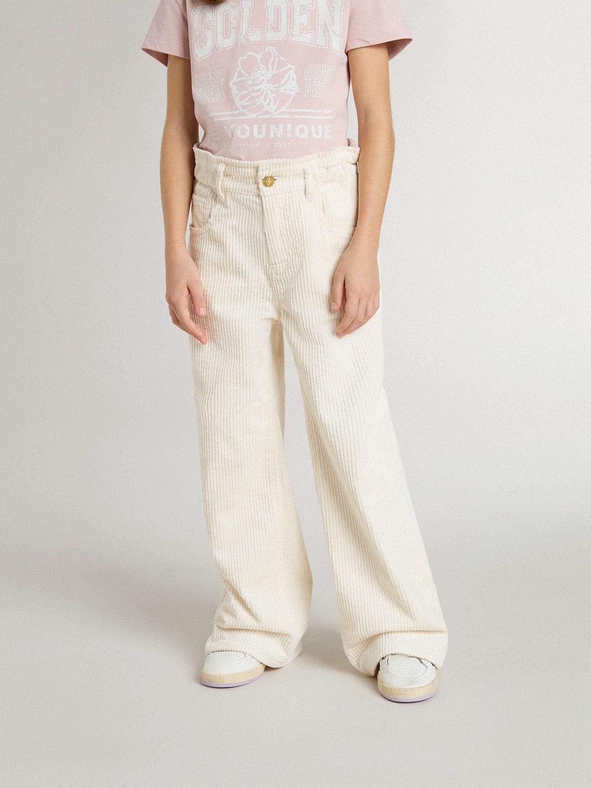 Girls’ wide ribbed cream-colored trousers with embroidery