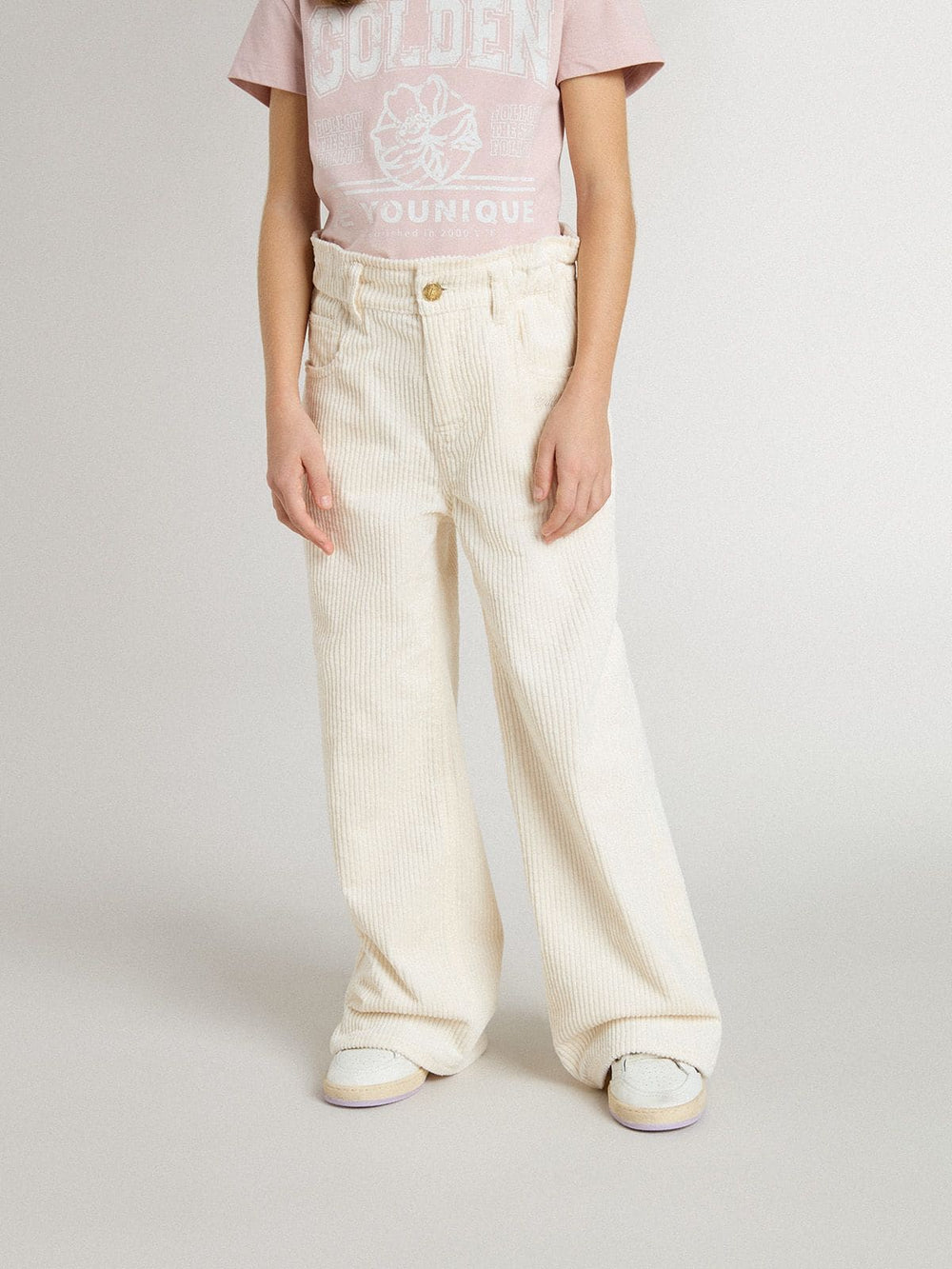 Girls’ wide ribbed cream-colored trousers with embroidery