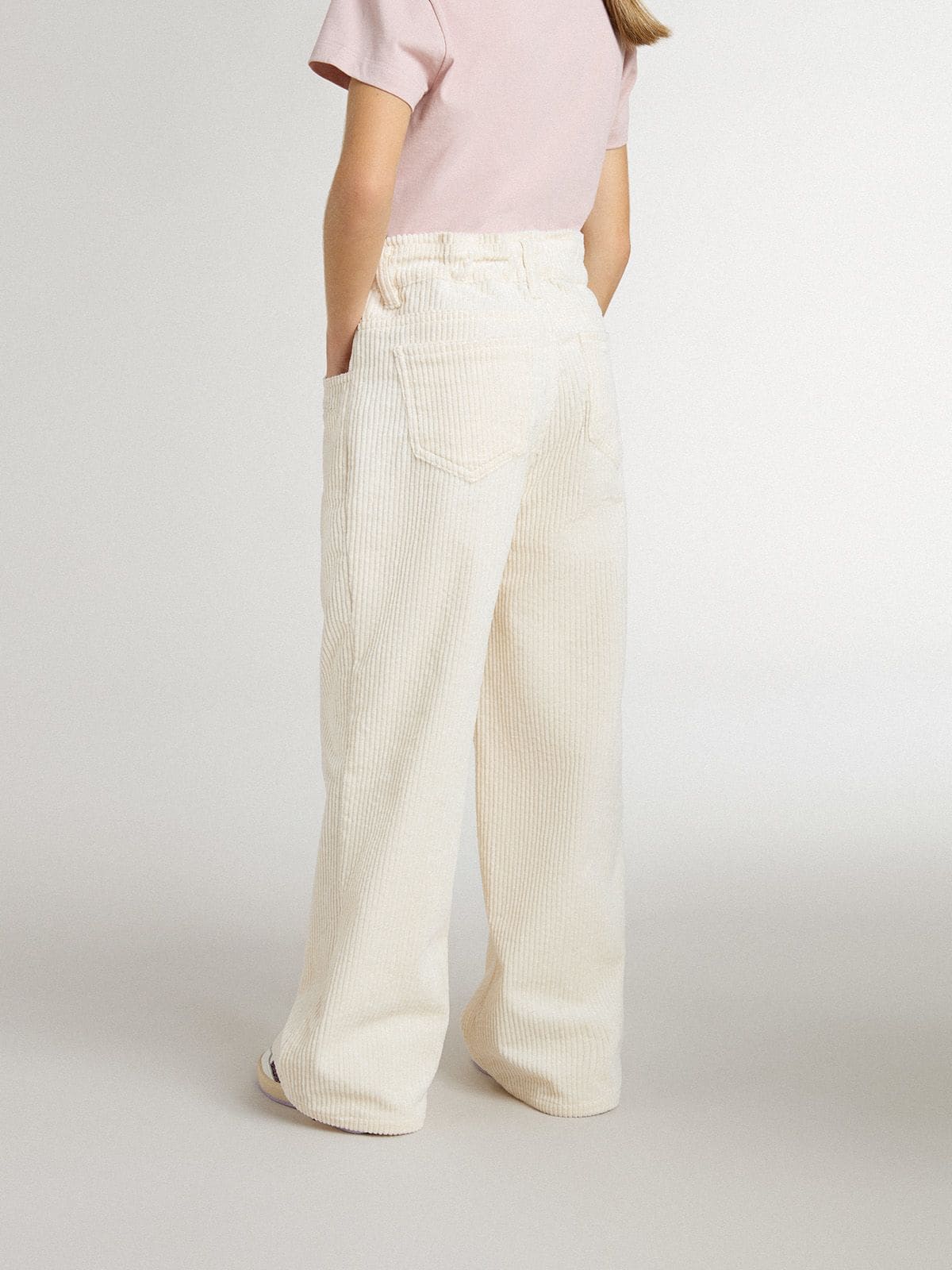 Girls’ wide ribbed cream-colored trousers with embroidery
