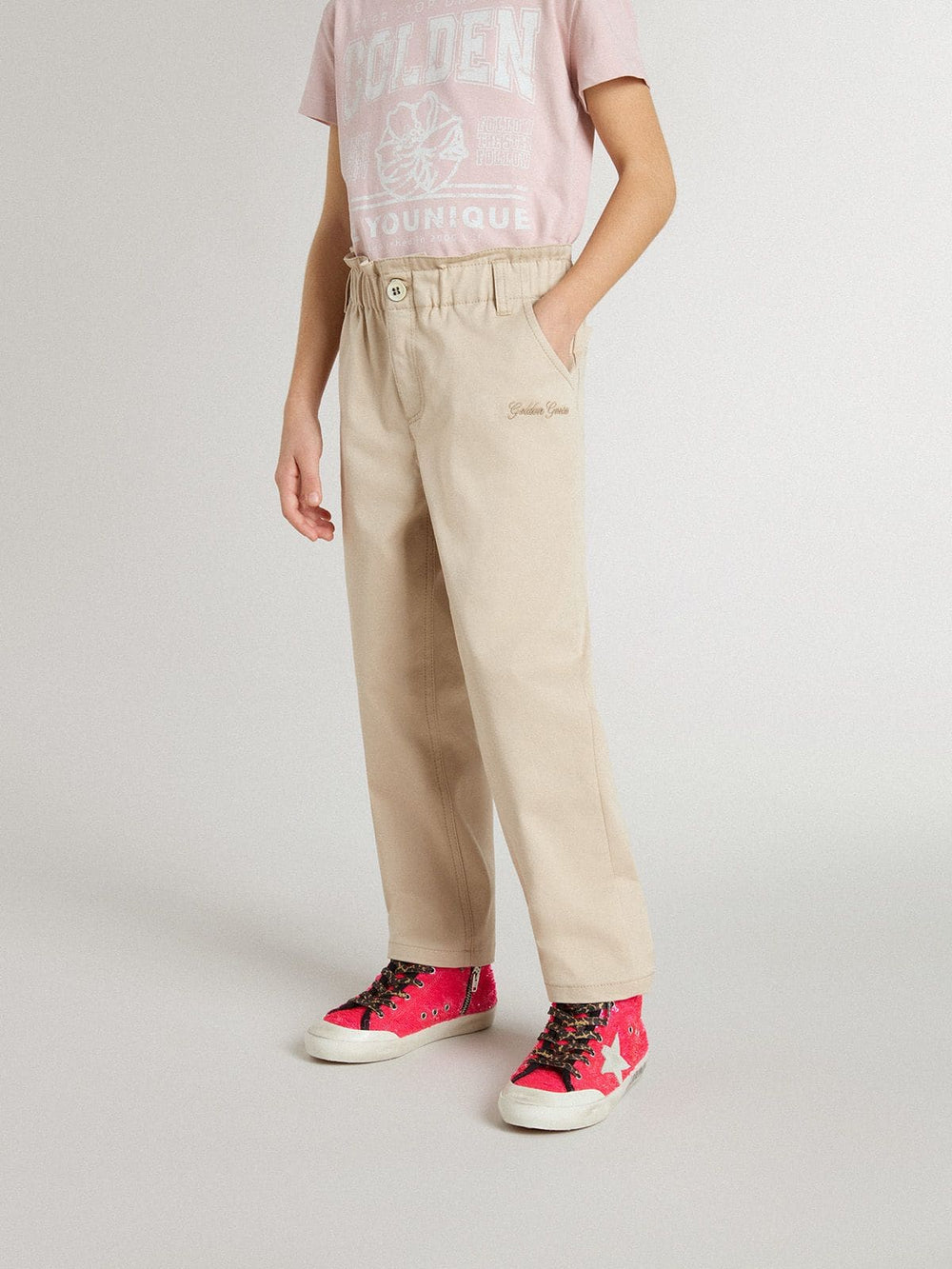 Girls' beige cotton pants with embroidery