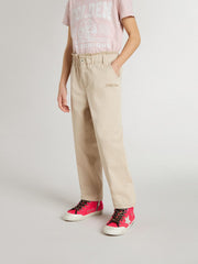 Girls' beige cotton pants with embroidery