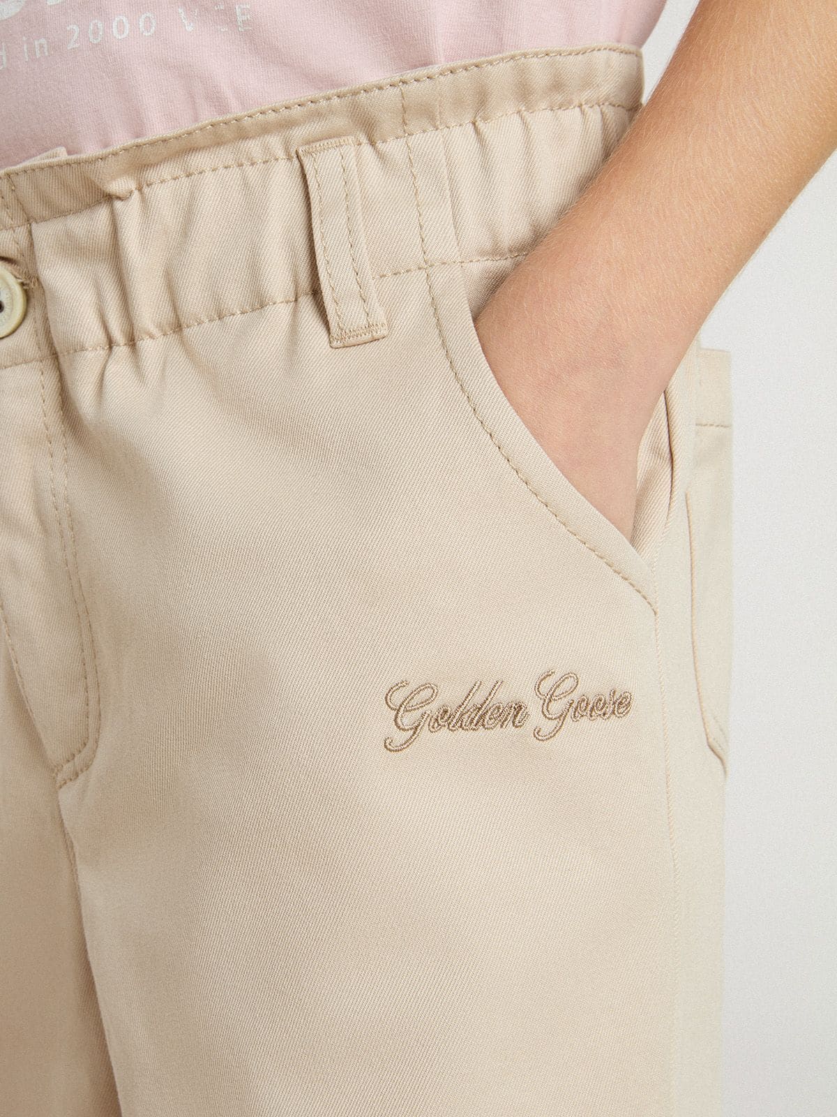 Girls' beige cotton pants with embroidery