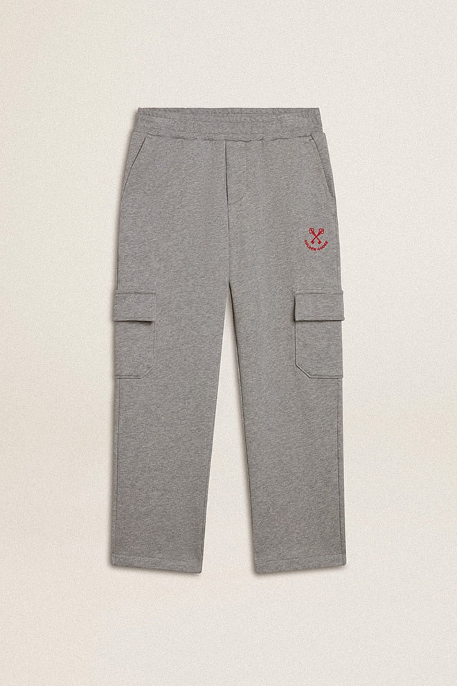 Gray melange cotton cargo joggers with embroidery