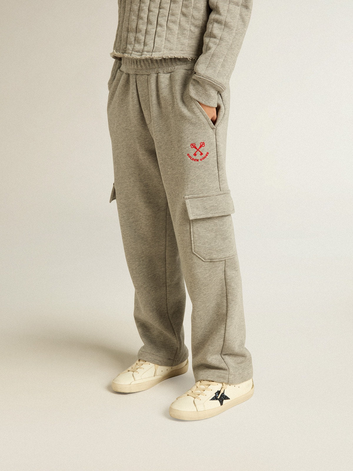 Gray melange cotton cargo joggers with embroidery