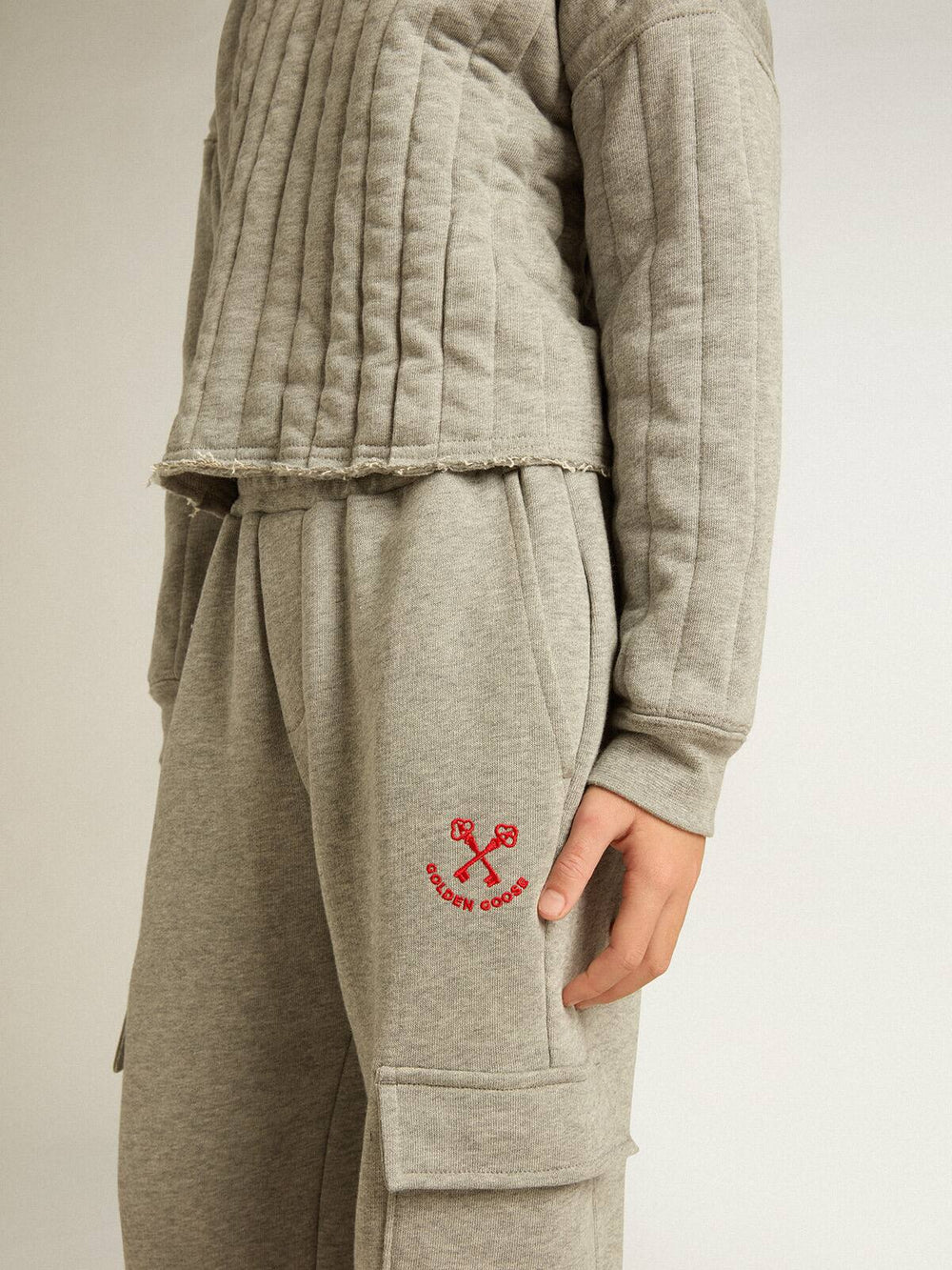 Gray melange cotton cargo joggers with embroidery