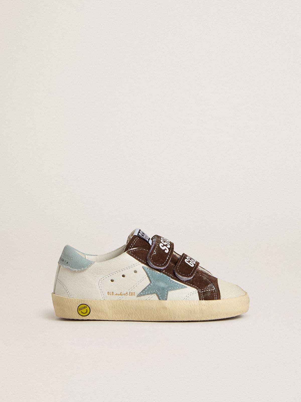 Junior Old School in nappa with light blue suede star and brown suede inserts
