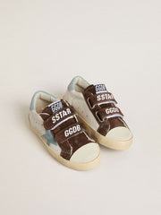 Junior Old School in nappa with light blue suede star and brown suede inserts