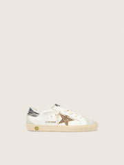 Junior Super-Star with gold glitter star and silver metallic leather heel tab