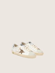 Junior Super-Star with gold glitter star and silver metallic leather heel tab