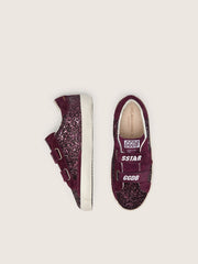 Junior Old School in burgundy glitter with burgundy suede star and heel tab