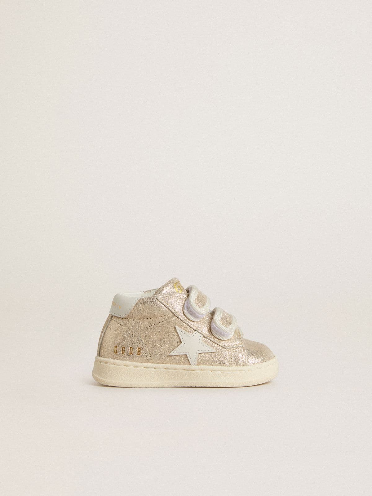 Junior June in sand-colored metallic suede with white leather star and heel tab