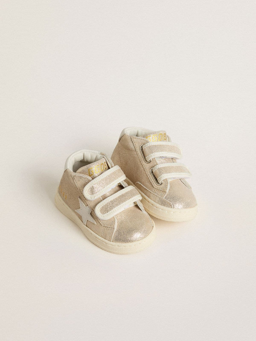 Junior June in sand-colored metallic suede with white leather star and heel tab