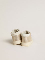 Junior June in sand-colored metallic suede with white leather star and heel tab