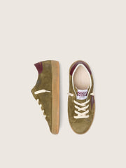 Junior Super-Star in military-green suede with burgundy leather star and heel tab