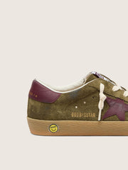 Junior Super-Star in military-green suede with burgundy leather star and heel tab