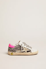 Junior Super-Star in leather and zebra-print pony skin with fuchsia heel tab