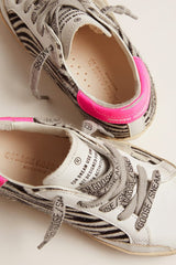 Junior Super-Star in leather and zebra-print pony skin with fuchsia heel tab