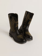 Wish Young boots in black leather with yellow star embroidery