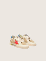 Ball Star Junior in beige suede with red star and light blue heel tab