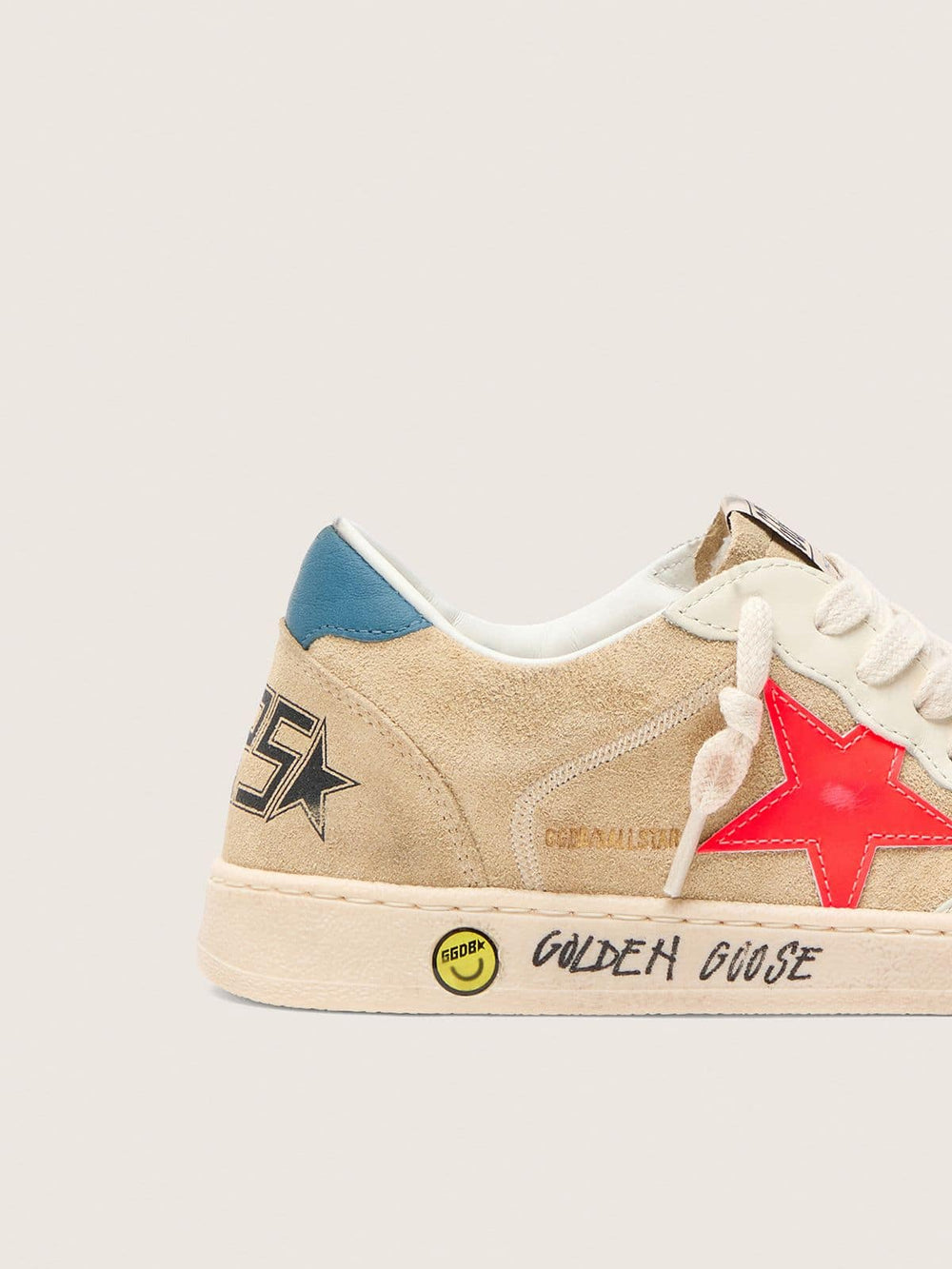 Ball Star Junior in beige suede with red star and light blue heel tab