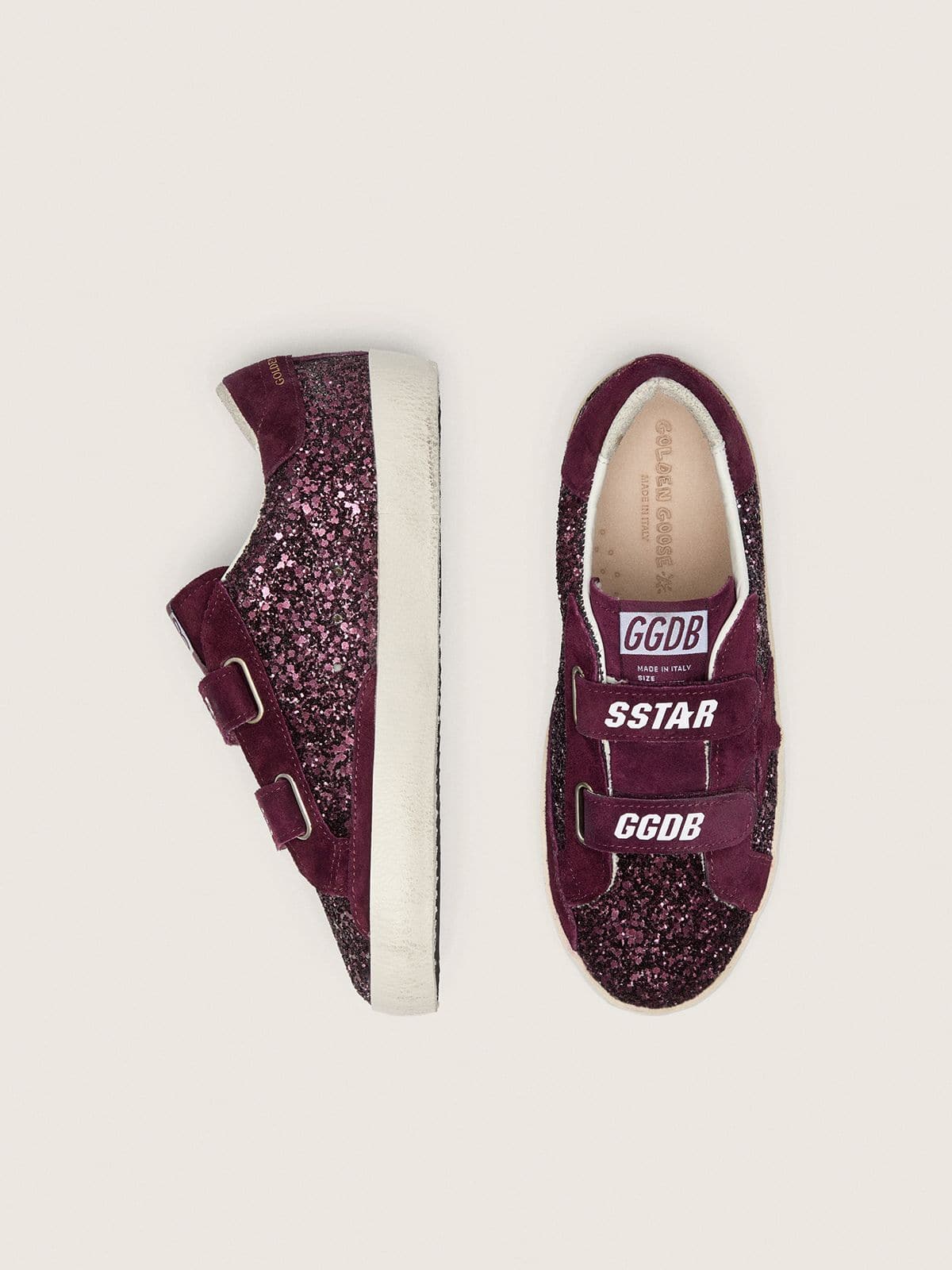 Young Old School in burgundy glitter with burgundy suede star and heel tab