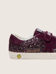 Young Old School in burgundy glitter with burgundy suede star and heel tab