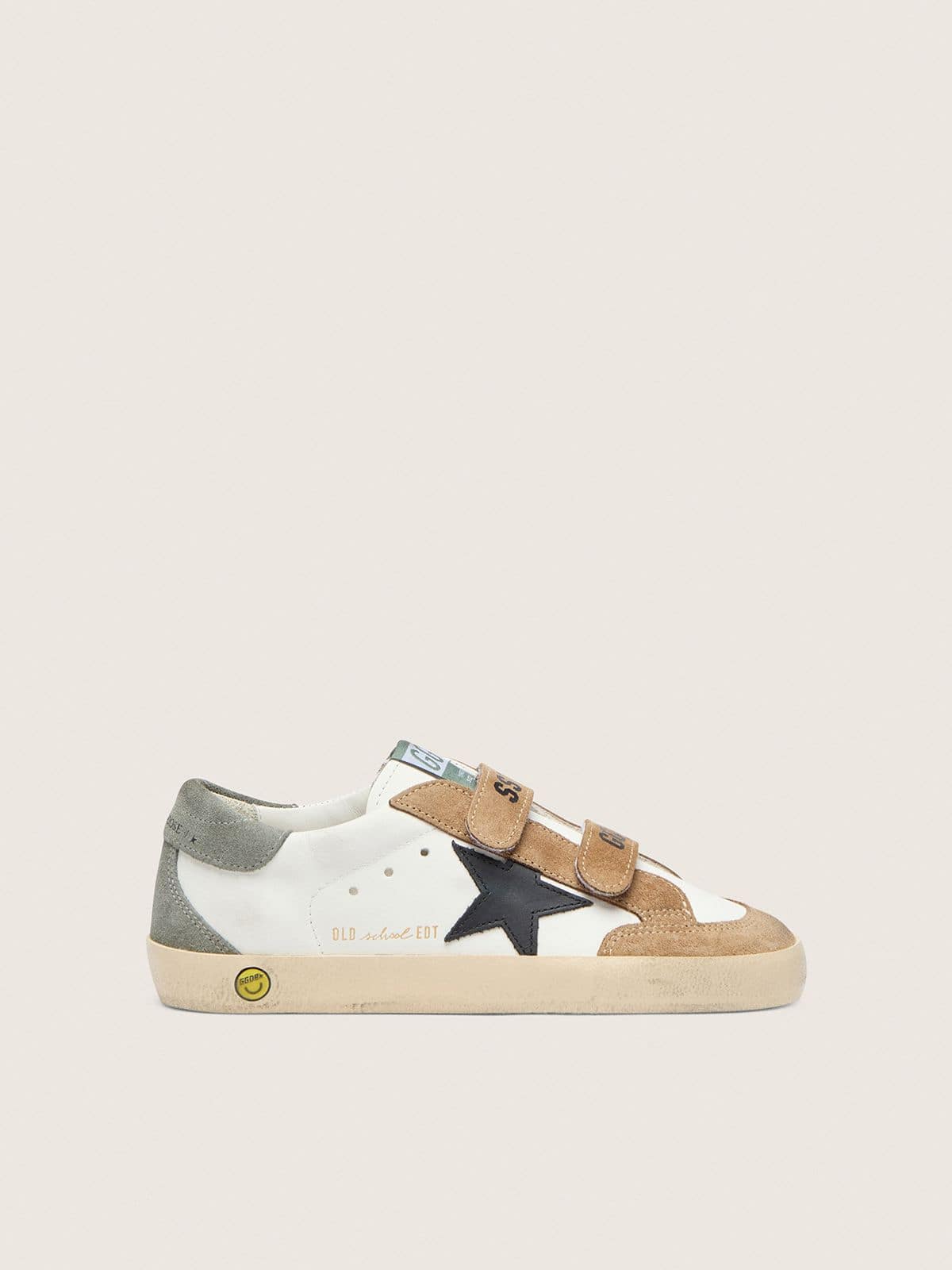 Young Old School with black leather star and beige and green suede inserts