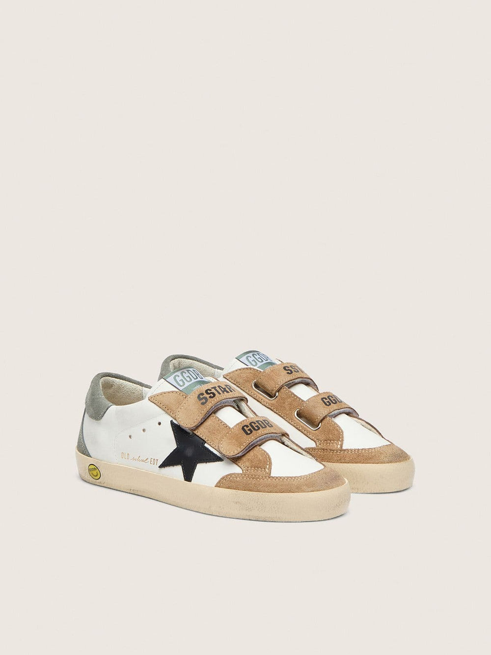 Young Old School with black leather star and beige and green suede inserts