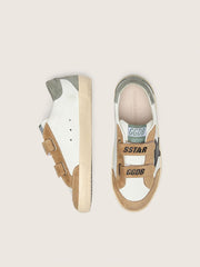 Young Old School with black leather star and beige and green suede inserts