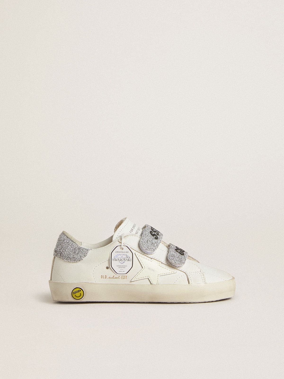 Young Old School in white leather with silver Swarovski crystal heel tab and straps