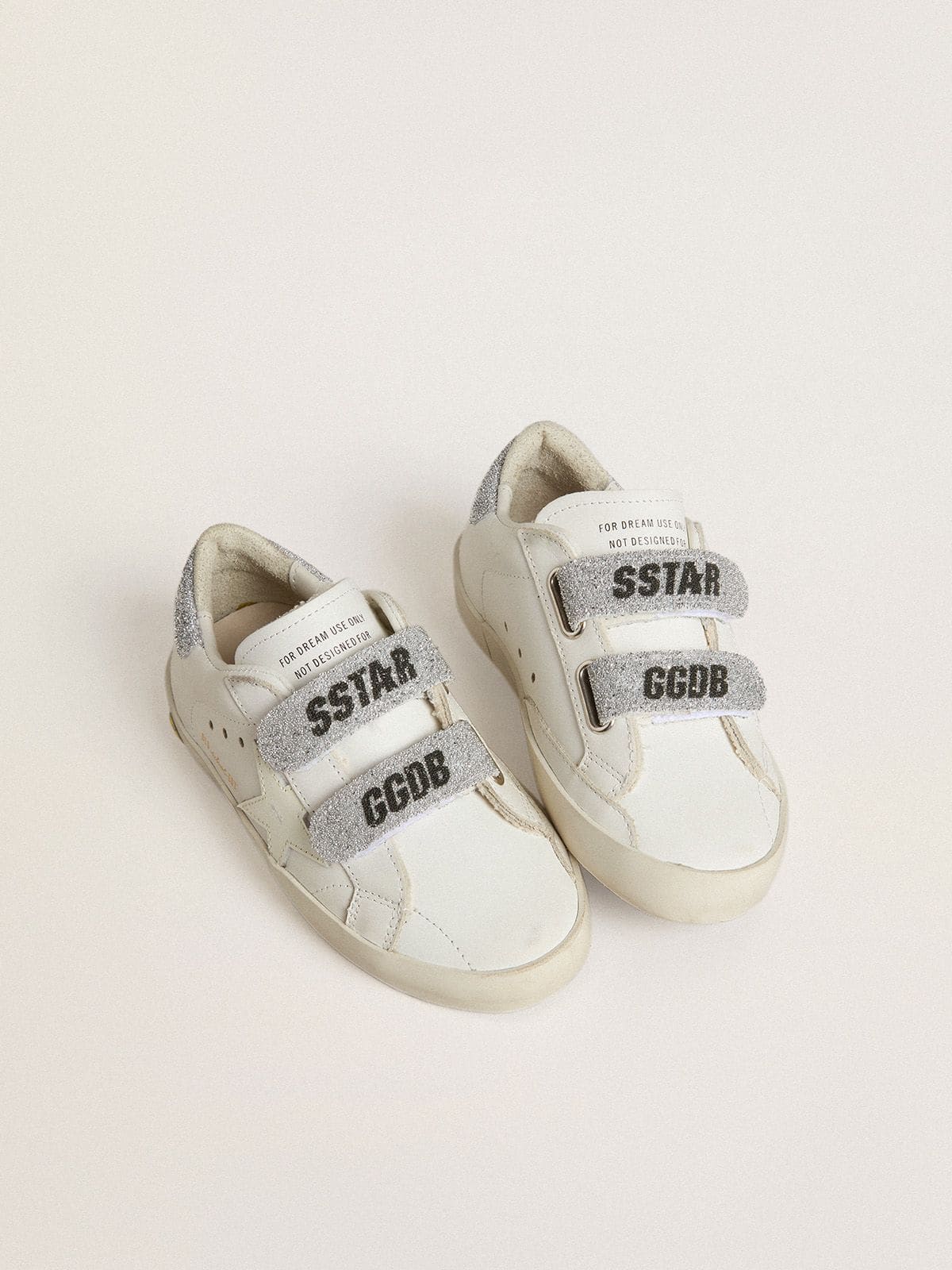 Young Old School in white leather with silver Swarovski crystal heel tab and straps