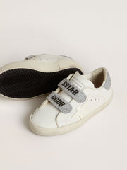 Young Old School in white leather with silver Swarovski crystal heel tab and straps