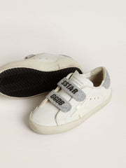 Teen Old School in white leather with silver Swarovski crystal heel tab and straps