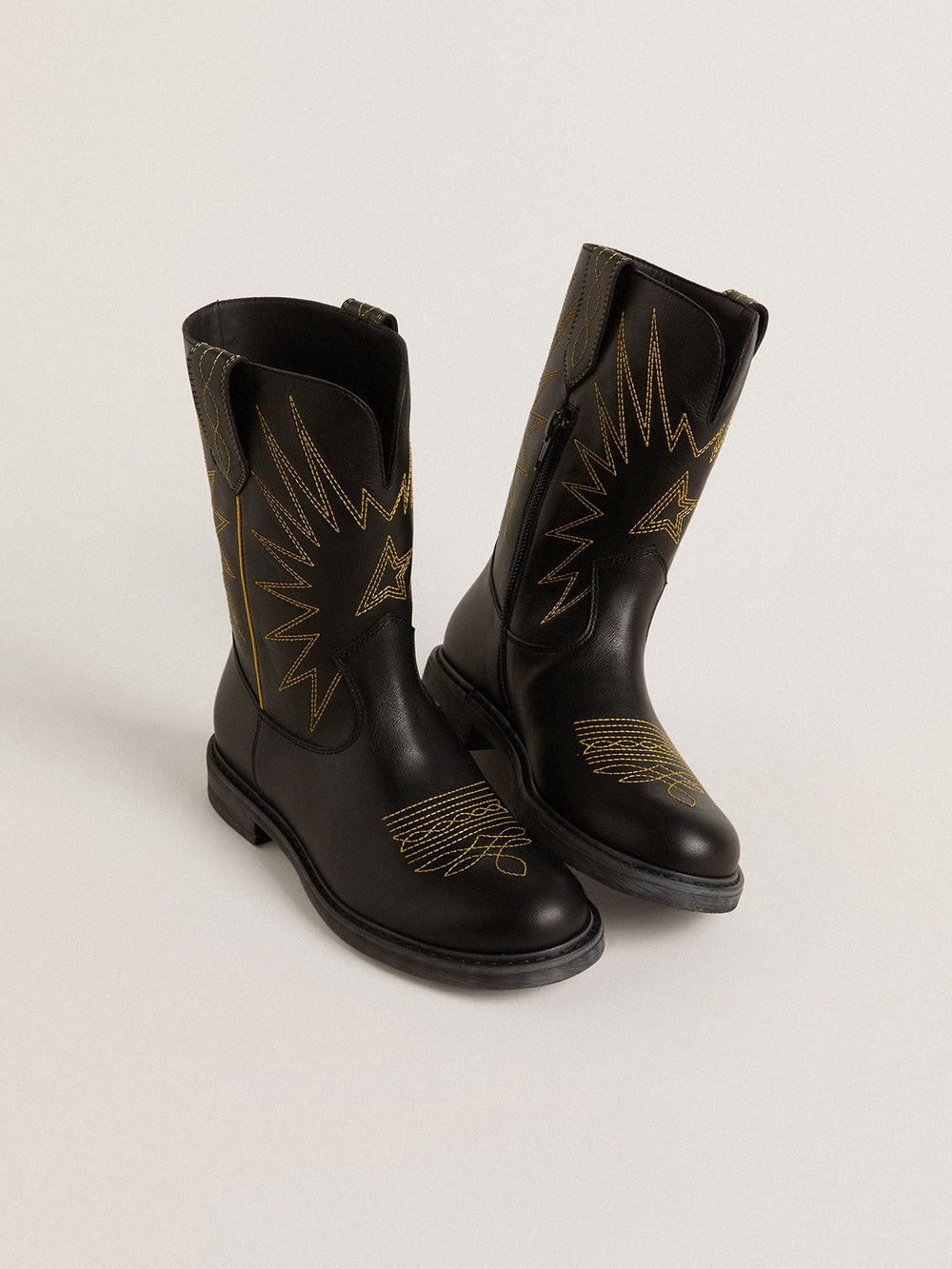 Wish Teen boots in black leather with yellow star embroidery