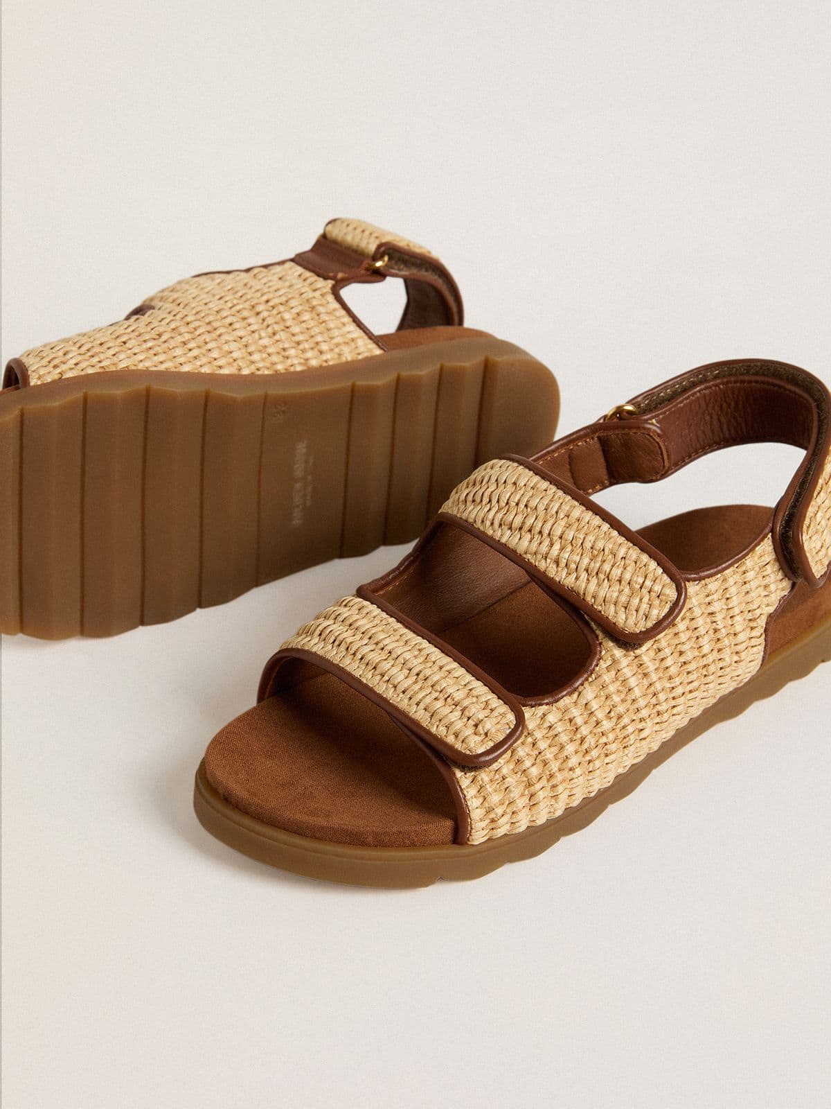 Noa Junior sandals in beige raffia and brown leather