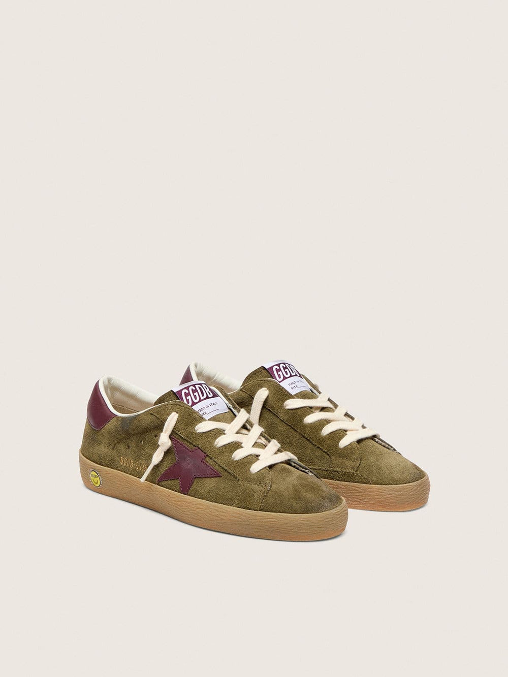 Young Super-Star in military-green suede with burgundy leather star and heel tab