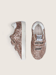 Young Old School in peach-colored glitter with white leather inserts