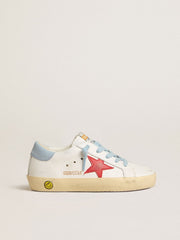 Super-Star Young in white leather with red star and light blue heel tab