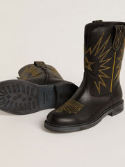 Wish Junior boots in black leather with yellow star embroidery