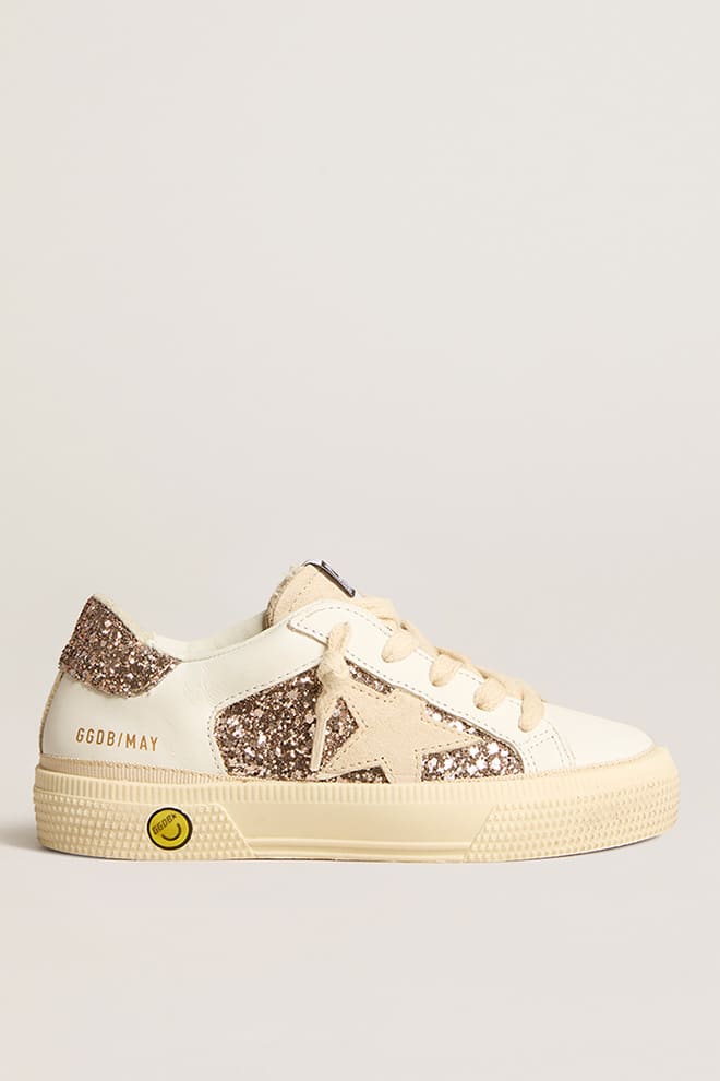 May Teen in white leather and rose gold glitter with beige suede star