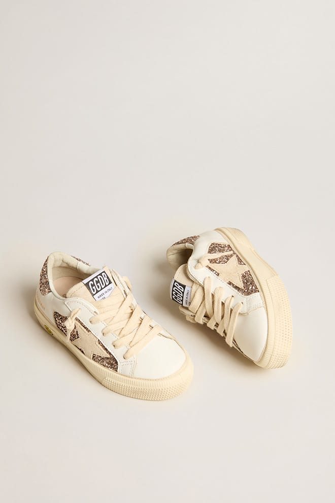 May Teen in white leather and rose gold glitter with beige suede star