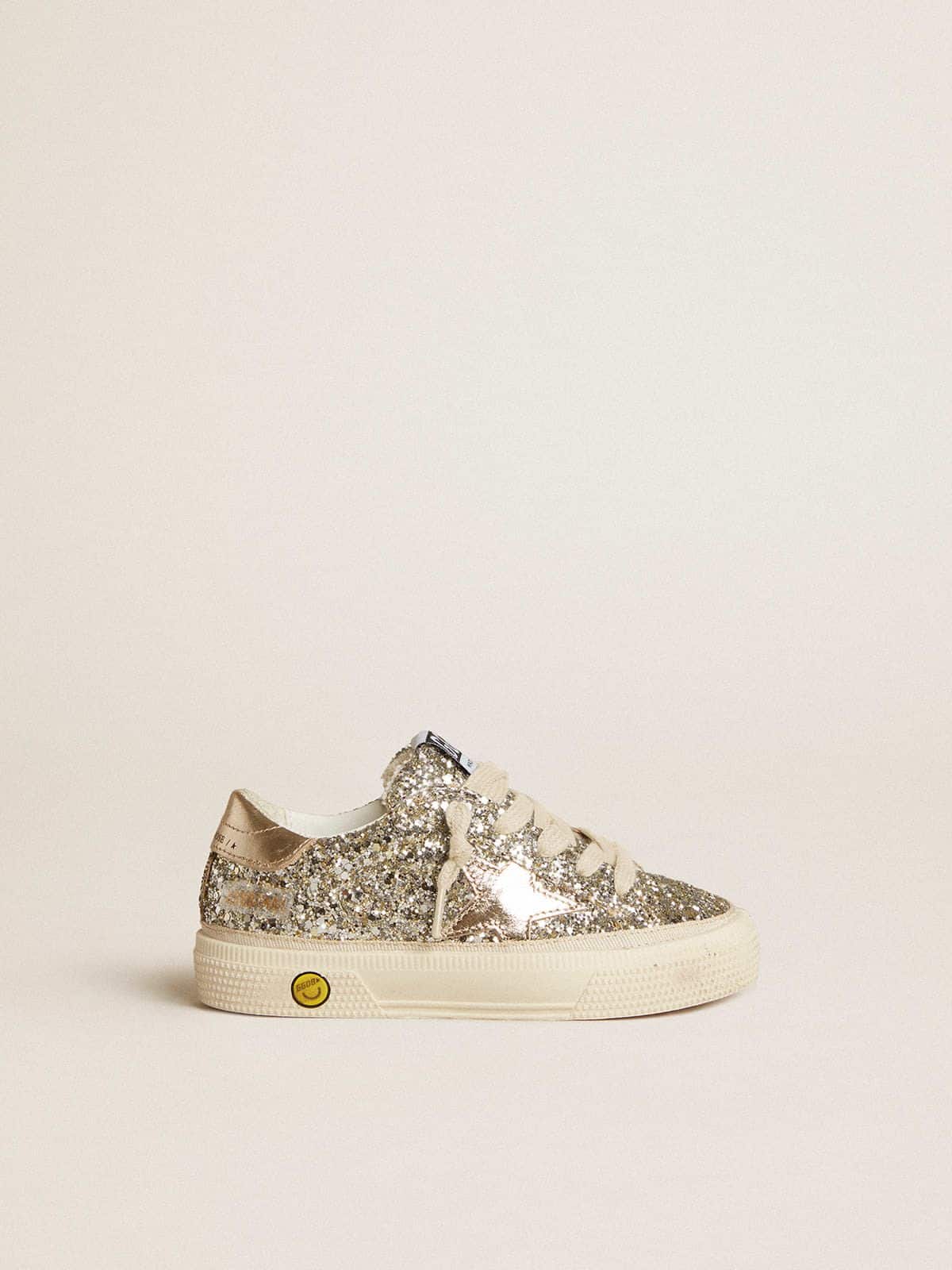 May Teen in platinum glitter with gold leather star and heel tab