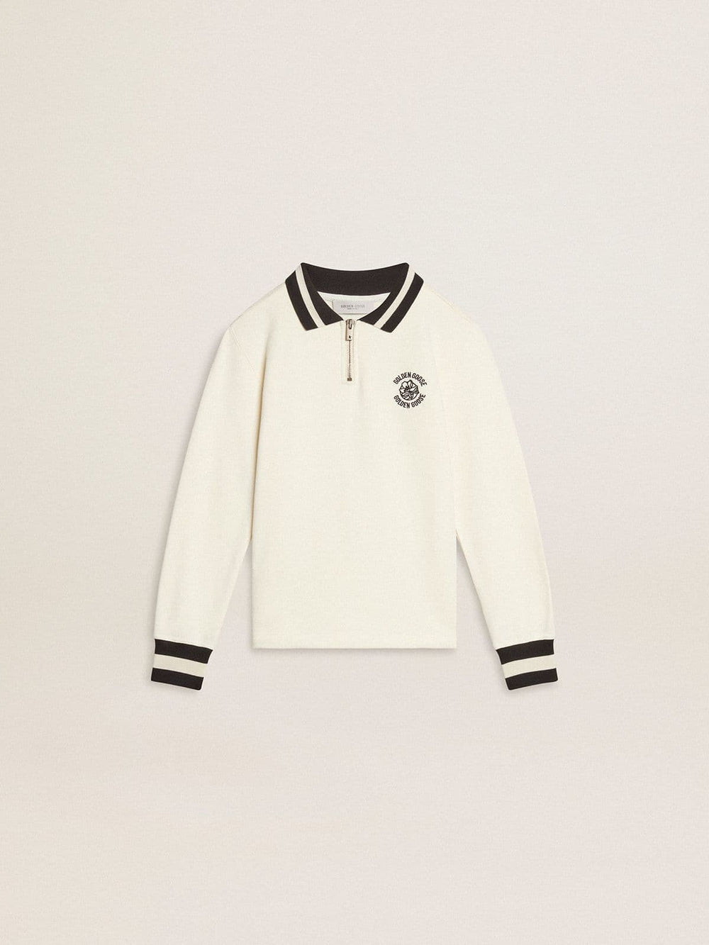Kids white cotton polo sweatshirt with embroidery on the chest and print on the back