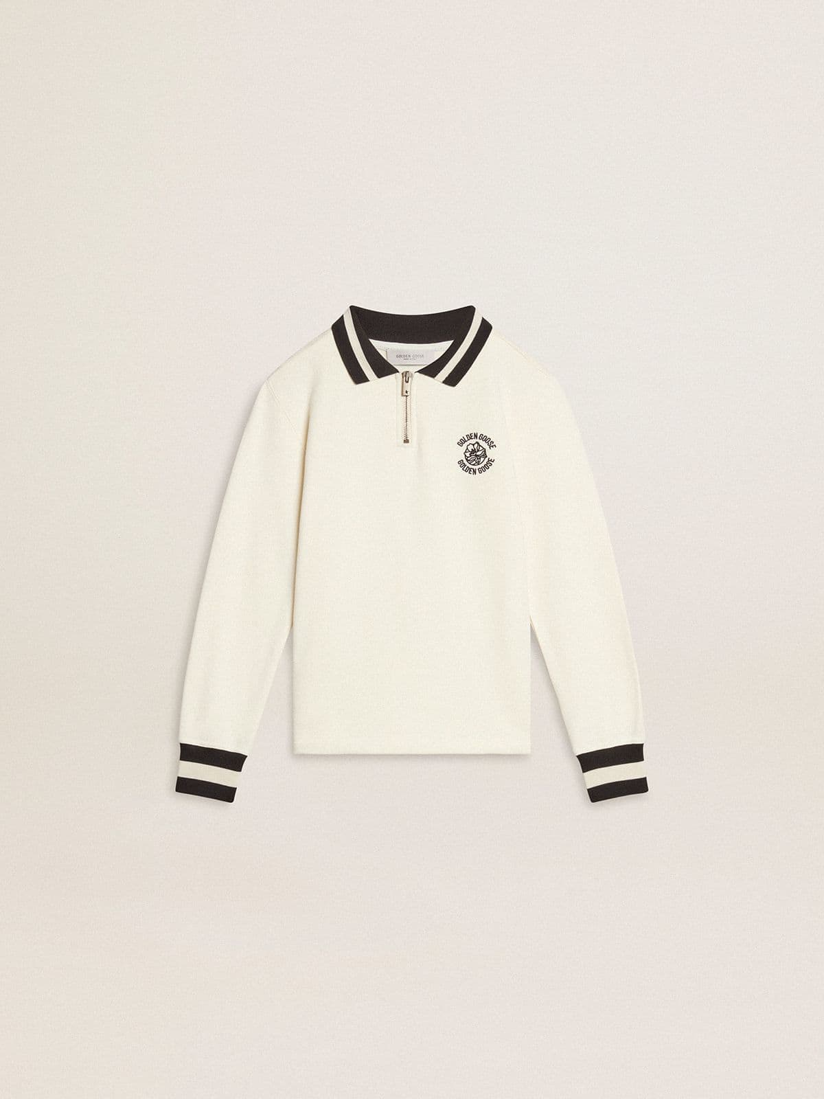 Kids white cotton polo sweatshirt with embroidery on the chest and print on the back