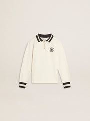 Kids white cotton polo sweatshirt with embroidery on the chest and print on the back
