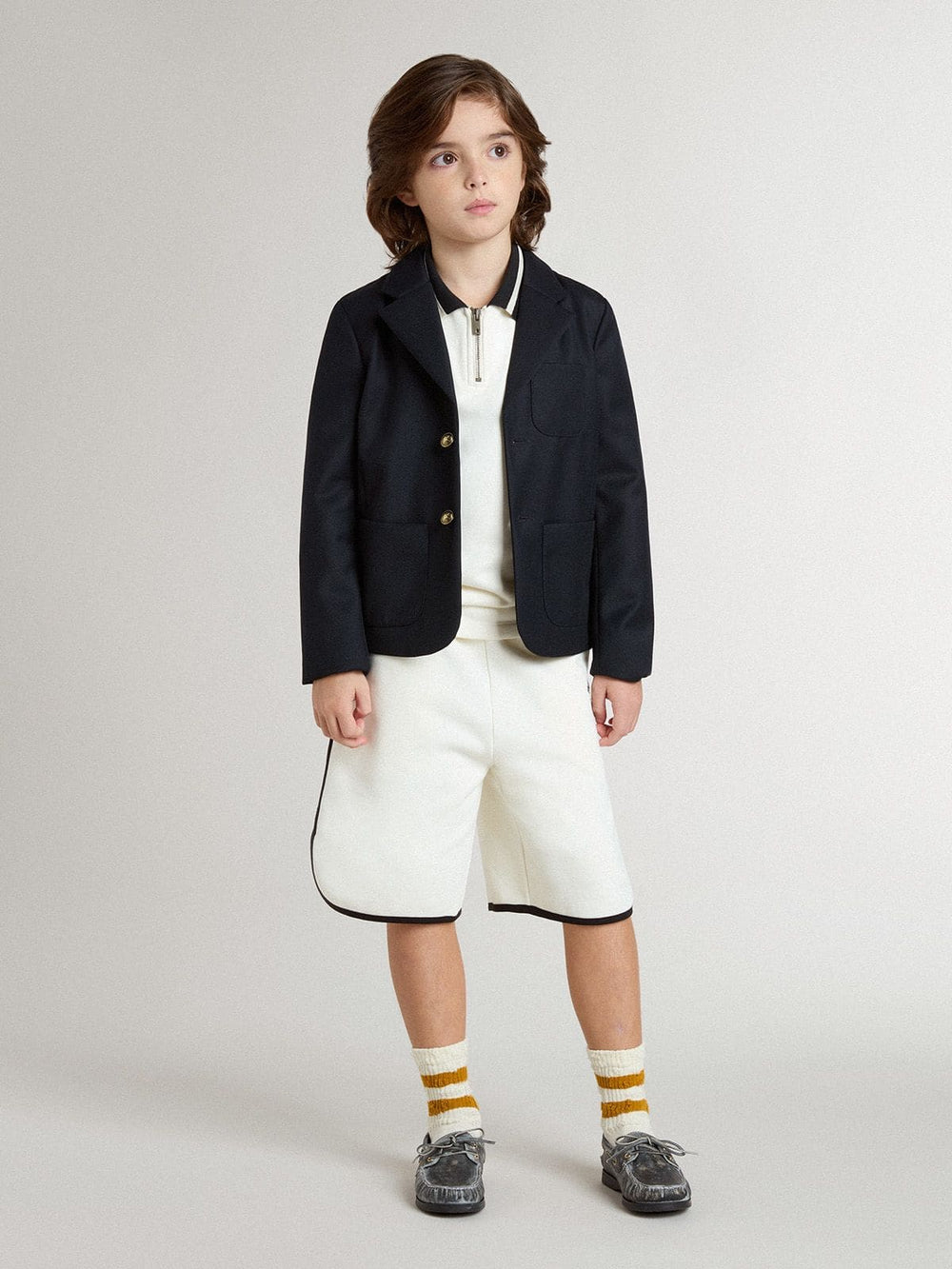 Kids white cotton polo sweatshirt with embroidery on the chest and print on the back