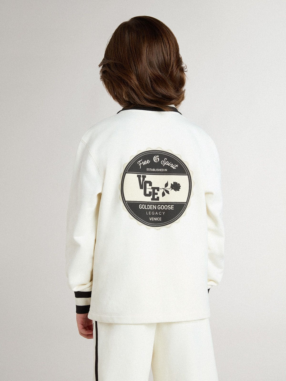 Kids white cotton polo sweatshirt with embroidery on the chest and print on the back