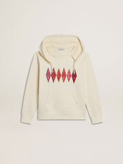 Hooded sweatshirt in worn white with Golden embroidery on the front