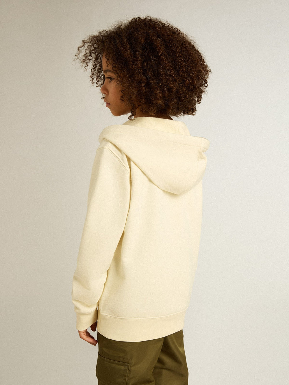 Hooded sweatshirt in worn white with Golden embroidery on the front